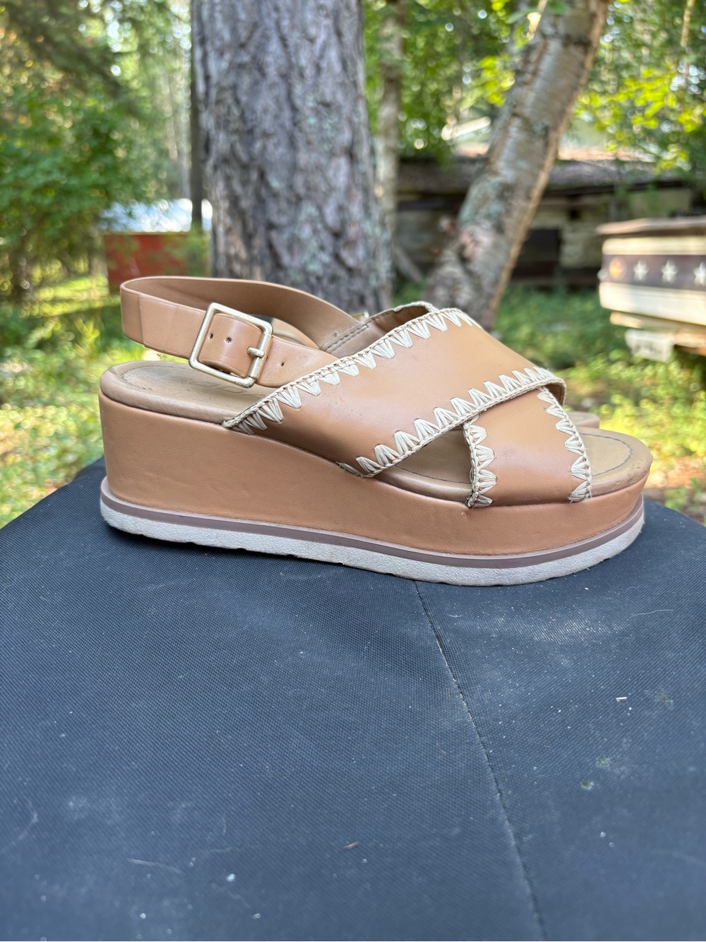 Soda Tan Platform Slingback Wedges with Cream Stitching